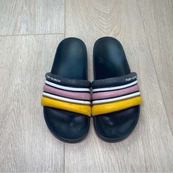 Tory Burch Black Leather quilted stripe slides Size 9 - Picture 1 of 7